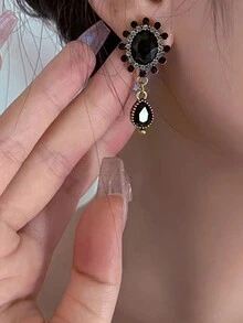 復古宮廷風格高端黑珍珠耳環配925銀法式耳線女式簡約耳環 - 黑色 - 查看 3