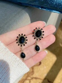 復古宮廷風格高端黑珍珠耳環配925銀法式耳線女式簡約耳環 - 黑色 - 查看 1