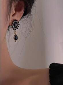 復古宮廷風格高端黑珍珠耳環配925銀法式耳線女式簡約耳環 - 黑色 - 查看 4