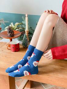 1pair Blue Cute Santa Claus Coral Fleece Mid-Calf Plush Socks For Autumn And Winter - Blue - View 2