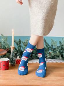 1pair Blue Cute Santa Claus Coral Fleece Mid-Calf Plush Socks For Autumn And Winter - Blue - View 6