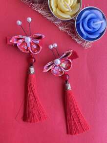 1入組兒童流蘇珍珠髮夾，節日用明亮紅色女孩頭飾，全手工製作禮盒風紅花頭飾 - 紅色 - 查看 6