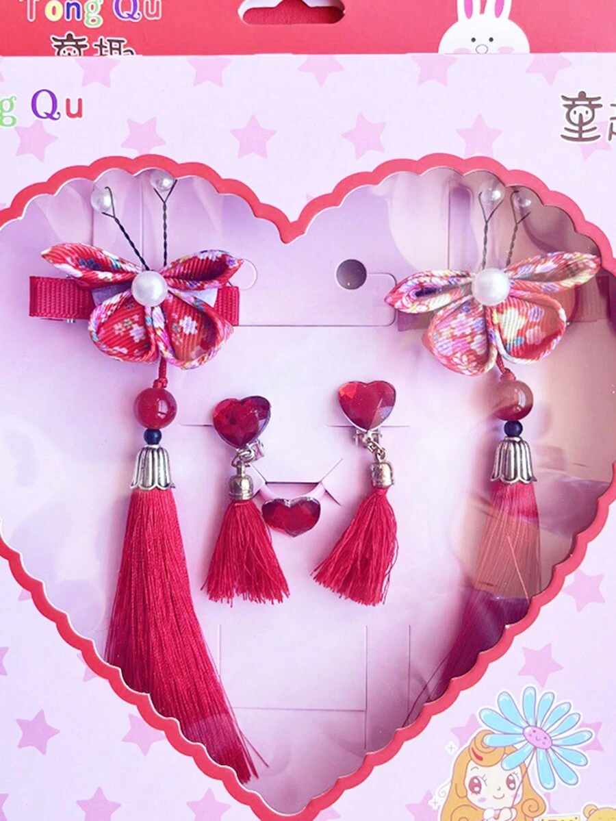 1入組兒童流蘇珍珠髮夾，節日用明亮紅色女孩頭飾，全手工製作禮盒風紅花頭飾 - 紅色 - 查看 1