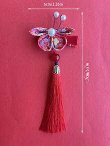 1入組兒童流蘇珍珠髮夾，節日用明亮紅色女孩頭飾，全手工製作禮盒風紅花頭飾 - 紅色 - 查看 5