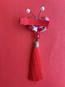 1入組兒童流蘇珍珠髮夾，節日用明亮紅色女孩頭飾，全手工製作禮盒風紅花頭飾 - 紅色 - 查看 2