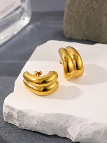 1對歐美風格不褪色不銹鋼雙層耳環,女性高端奢華時尚耳釘 - 雙層耳釘 - 查看 1