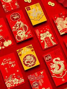 1套/6入 - 龍年紅包,2024年農曆新年紅包,新年裝飾品,創意紅包,印有龍紋樣式的紅色生肖裝飾,適用於春節、婚禮和生日禮物 - 彩色 - 查看 3