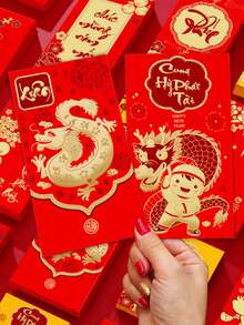 1套/6入 - 龍年紅包,2024年農曆新年紅包,新年裝飾品,創意紅包,印有龍紋樣式的紅色生肖裝飾,適用於春節、婚禮和生日禮物 - 彩色 - 查看 2