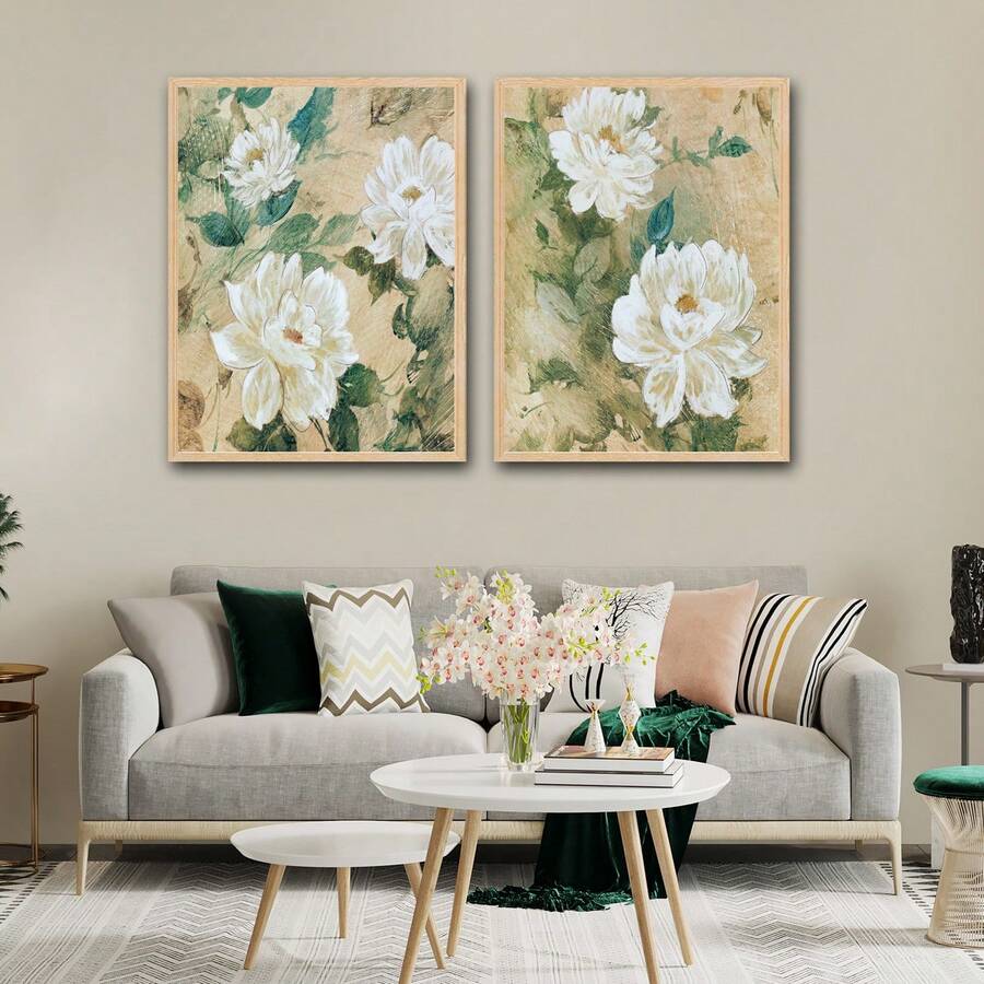 2 塊面板復古花卉印花無框現代聚酯纖維綠色白色水彩花葉矩形牆藝術適合客廳臥室書房家居裝飾 - 彩色 - 查看 1