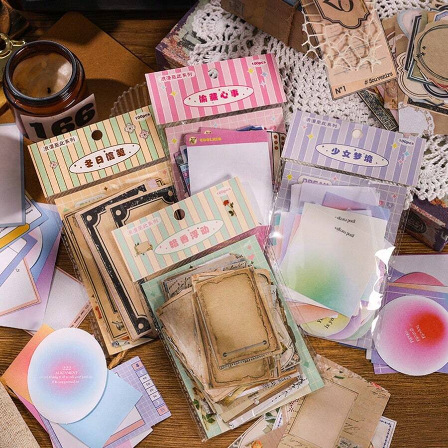 Diy手帳用品套裝,復古輕質紙張剪紙膠紙用於製作背景和場景 - 杏色 - 查看 1