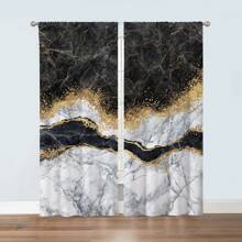 2pcs Multicolor Marble Pattern Printed Window Curtains With Rod Pocket For Home Decor - Bedroom, Office, Kitchen, Living Room And Study Room - Multicolor - View 1