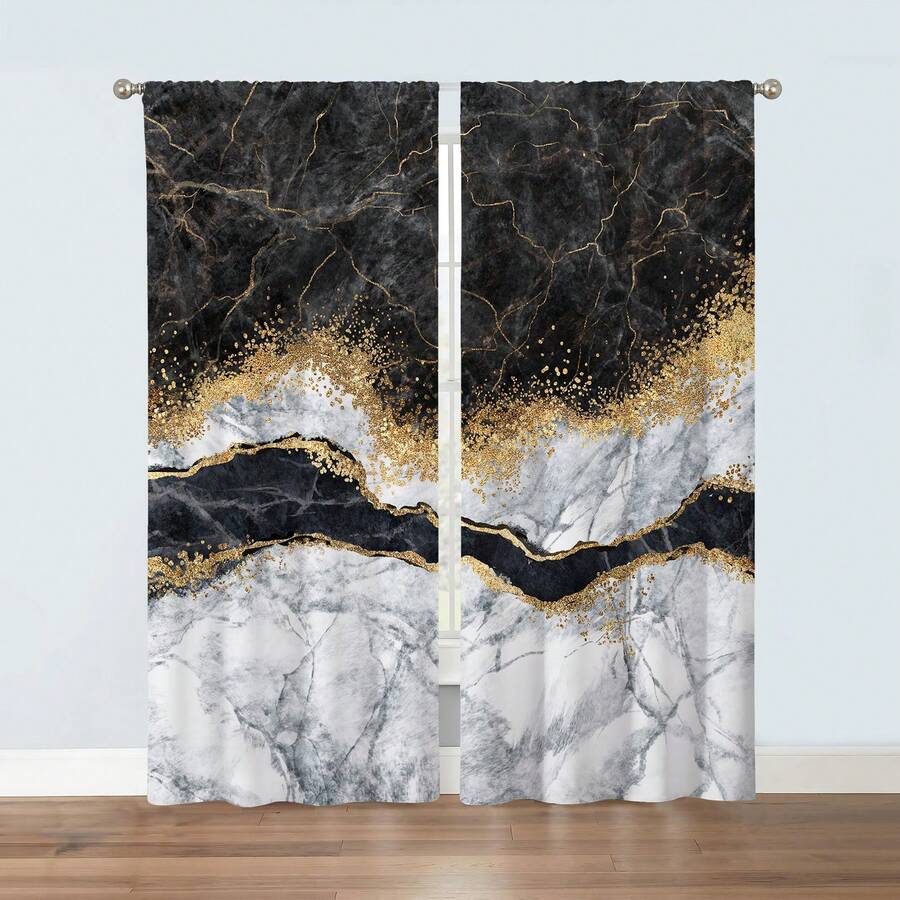 2pcs Multicolor Marble Pattern Printed Window Curtains With Rod Pocket For Home Decor - Bedroom, Office, Kitchen, Living Room And Study Room - Multicolor - View 1