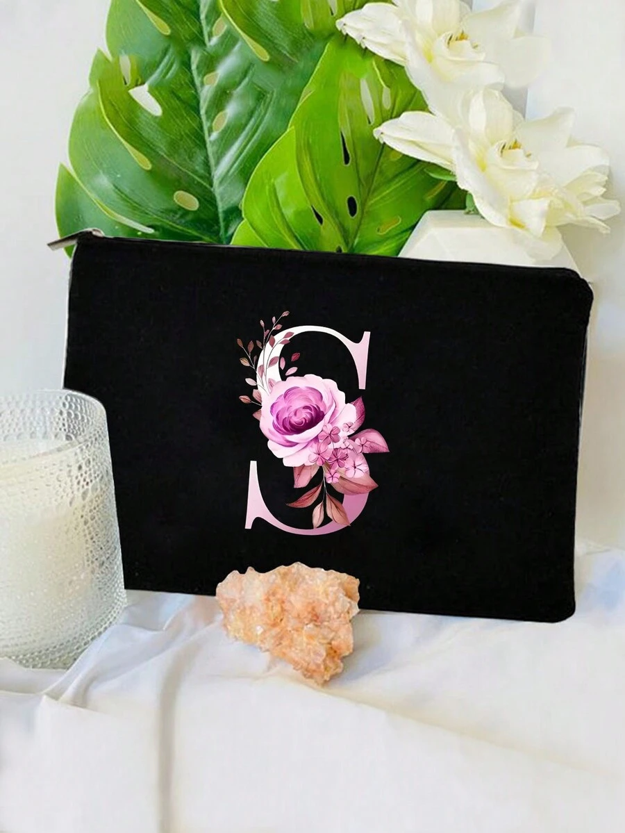 字母s和花紋手提袋,輕便收納式拉鍊化妝包,多功能化妝品洗漱包適用於女性,適用於旅行收納個人化妝品、贈送女孩禮物、聖誕彩妝收納包、手拿包、化妝品收納,方便實用 - 黑色 - 查看 1