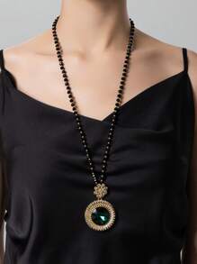 1入心型玻璃珠長毛衣鏈與各種風格的羽毛,楓葉,三葉草形狀的鑲嵌水晶,女性蝴蝶飾項鍊 - 圓形 - 查看 6