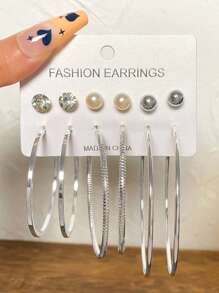6pairs Exaggerated Fashion Baht Heart C-Shaped Large Circle Earrings Set - Silver - View 1