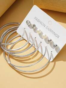 6pairs Exaggerated Fashion Baht Heart C-Shaped Large Circle Earrings Set - Silver - View 2