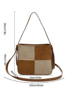 New Arrival Mixed Material Suede Pu Checkerboard Shoulder Crossbody Square Bag - Brown - View 7