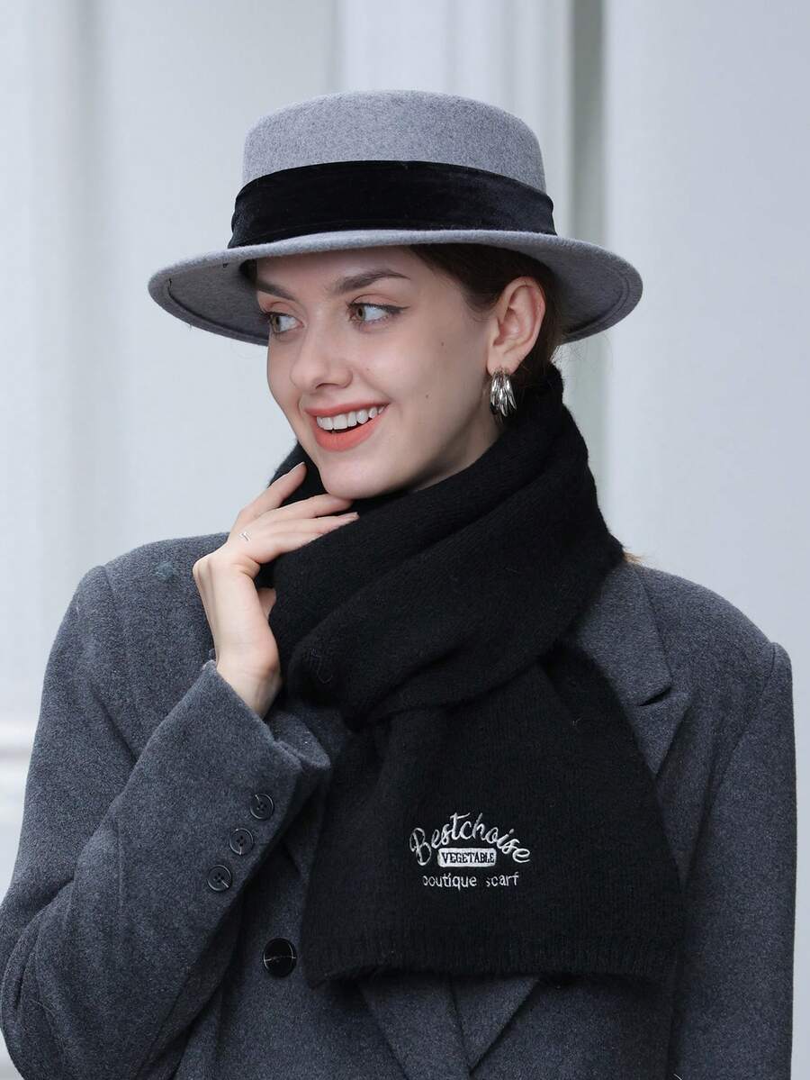 LEAJOURNO. 1set Women'S Fashionable Solid Color Korean-Style Scarf & Grid Pattern Shawl & Knitted Hat Set For Autumn/Winter Warmth - Black - View 1