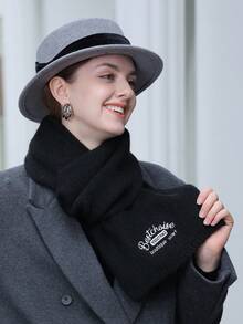 LEAJOURNO. 1set Women'S Fashionable Solid Color Korean-Style Scarf & Grid Pattern Shawl & Knitted Hat Set For Autumn/Winter Warmth - Black - View 5