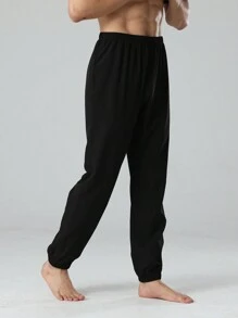 男款純色抽繩腰部慢跑褲,適合居家休閒 - 黑色 - 查看 5