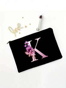 字母k和花卉圖案手提袋,輕巧可折疊拉鍊化妝包,多用途化妝包,便携洗漱袋,適用於女性旅行收納,化妝工具收納,適合作為禮物送給女孩子,聖誕節化妝收納包,手拿包,適合個人旅行化妝品收納 - 黑色 - 查看 3