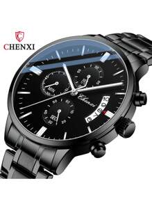 Multifunctioneel Sporten Kwarts horloge Heren Horloges Waterbestendig Kalender Staal Band Alle Horloges Klassiek Zwart