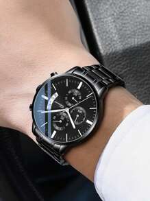 Multifunctioneel Sporten Kwarts horloge Heren Horloges Waterbestendig Kalender Staal Band Alle Horloges Klassiek Zwart