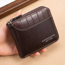 CarrKen 高級皮革男士短款商務拉鍊錢包多功能拼接袋，送給兒子、丈夫、男友、商務休閒禮物 - 棕色 - 查看 1