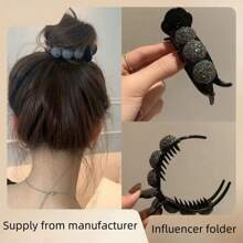 1pc Full Rhinestone Bun Maker Hair Claw, Acrylic Hair Claw Hair Clamp For Women's Updo, Girls' Fashion Hair Accessory - Black - View 1