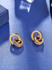 1對新款創意鑽石玫瑰金鈦鋼耳環女士雙環爆珠耳環 - 銀色 - 查看 3