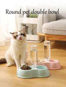 1pc New Blue Pet Double Bowl Automatic Feeder Plastic Water Dispenser, Anti Spill Cat & Dog Bowl, Pet Supplies - Blue - View 5