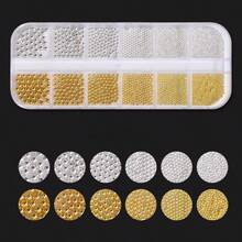 6種尺寸0.8-3.0毫米金/銀色指甲藝術金屬圓珠,12個網格/盒不銹鋼球珠,微型鋼珠指甲釘設計 - 棕色 - 查看 2
