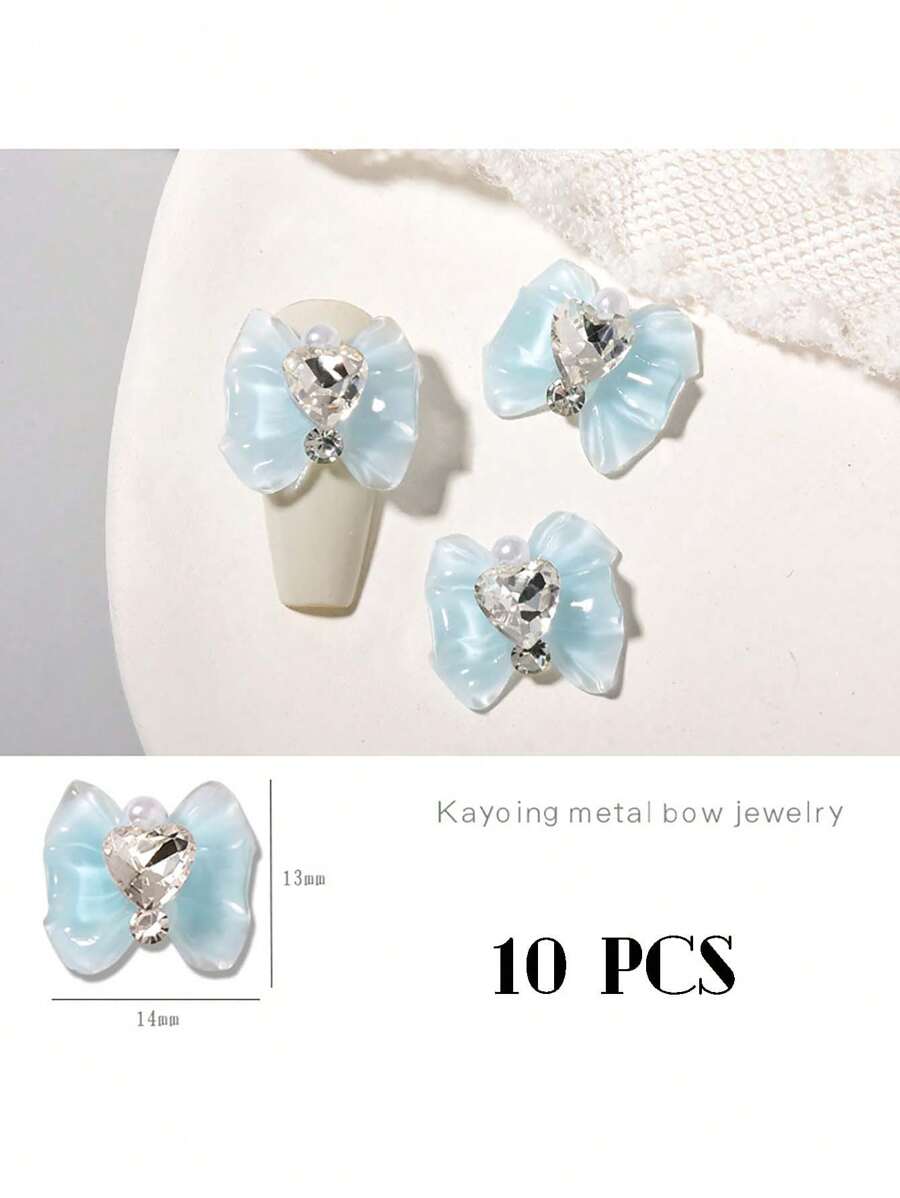 10Pcs 3D Bow Pearl Rhinestone Heart Butterfly Nail Decals Nail Supplies Nails Nail Charms Nail Gems - Baby Blue - View 1