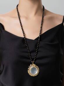 1入心型玻璃珠長毛衣鏈與各種風格的羽毛,楓葉,三葉草形狀的鑲嵌水晶,女性蝴蝶飾項鍊 - 圓形 - 查看 7