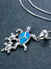 1 Pc Cute Mother Turtle With Baby Turtle Pendant Necklace Fashion Blue Imitation Opal Necklace For Women Anniversary Wedding Jewelry Accessories - Blue - View 2