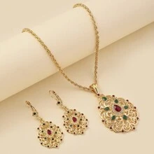 1 Set Fashion French Romantic Elegant Hollow Earrings, Rhinestone Pendant Necklace & Pearl Jewelry Set, Middle East Saudi Arabia Hot-Selling 2pcs Wedding Festival Gift Set For Women - Green - View 8