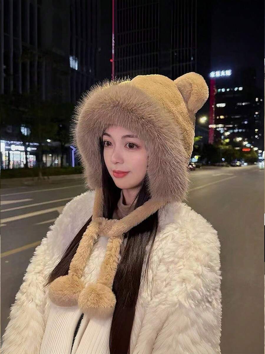 女式冬帽,搭配可愛粉紅熊耳朵,溫暖毛絨厚毛帽,適合冬秋季節 - 卡其色 - 查看 1