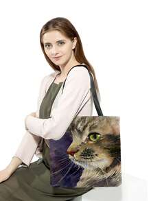 可愛的油畫貓印花手提袋,適用於旅行、海灘,具有大容量,時尚卡通動物圖案手提包和可重複使用的購物袋 - 杏色 - 查看 3