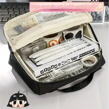 9層大容量鉛筆盒 美麗的帆布多功能鉛筆盒 學生鉛筆盒 學校用品文具攜帶方便 - 黑色 - 查看 5