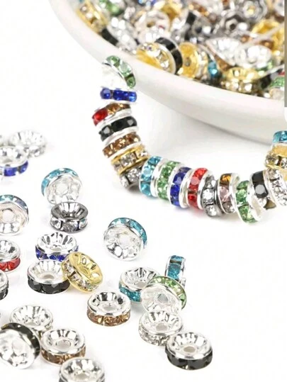 50/100/200pcs/Set Copper Beads With Rhinestone Insets For Jewelry Making, Bracelet, Necklace, Pendant