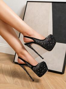 2024 Giày cao gót Pha lê Dép xăng đan Giày cao gót Dép xăng đan 16cm Gót chân Chiều cao - màu đen - Xem 4