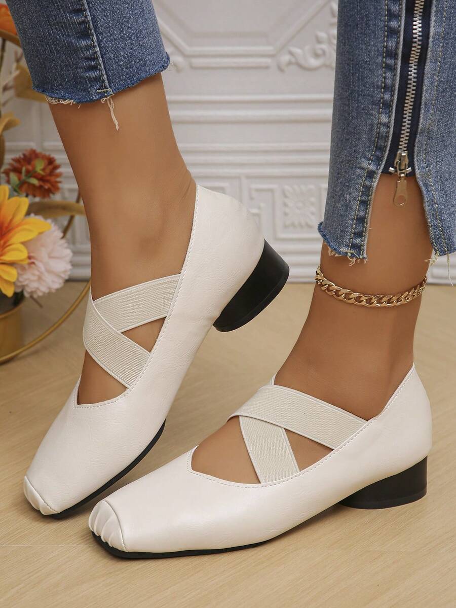 交叉帶芭蕾扁平鞋,純色彈性扁平鞋,圓頭打褶休閒軟底扁平鞋 - 白色 - 查看 1