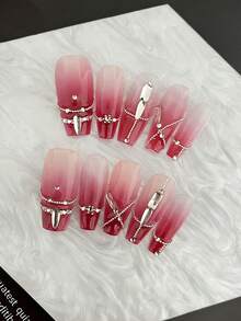 10入組手工製作長尖形法式風格酒紅色奢華鑽石假指甲套裝,適合新年派對和情人節主題 - 酒紅色 - 查看 4