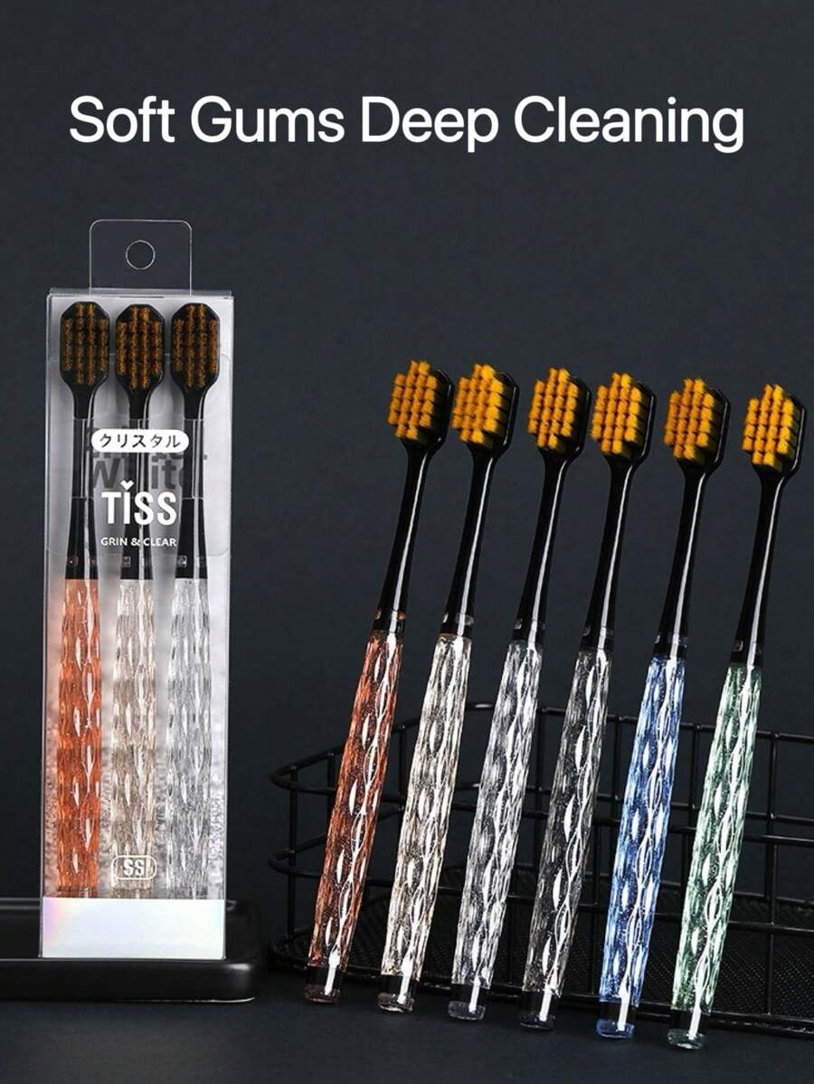 3 Piezas/set Cepillo De Dientes Para Adultos Con Cerdas Suaves Y Mango De Cristal Para Uso En El Hogar - negro azul verde - Ver 1