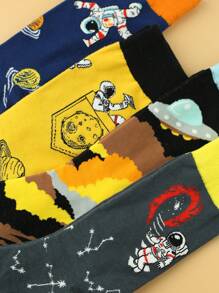 4双/套 男士时尚个性化太空宇航员和行星图案中筒袜 - 彩色 - 查看 2