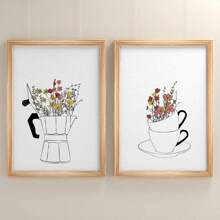 Conjunto de 2 carteles de impresión en lienzo estilo nórdico, arte de pared de lienzo con taza de café y flores, pintura artística para decorar la sala de estar, dormitorio, baño, oficina, pasillo, cocina, sin marcos, arte de pared moderno, carteles para habitación, elementos de decoración de habitación, decoración del hogar, decoración de habitación estética, decoración occidental