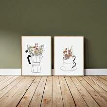 Conjunto de 2 carteles de impresión en lienzo estilo nórdico, arte de pared de lienzo con taza de café y flores, pintura artística para decorar la sala de estar, dormitorio, baño, oficina, pasillo, cocina, sin marcos, arte de pared moderno, carteles para habitación, elementos de decoración de habitación, decoración del hogar, decoración de habitación estética, decoración occidental