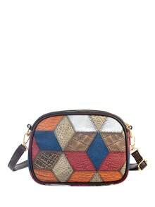 Fashionable Color Block Geometric Splicing Elegant Shoulder Bag For Daily Shopping And Streetwear - Blue - View 8
