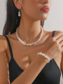 3入組新娘毛衣項鏈和項鍊套裝，鑲嵌著鑽石和人造珍珠，適用於婚禮派對 - 白色 - 查看 1