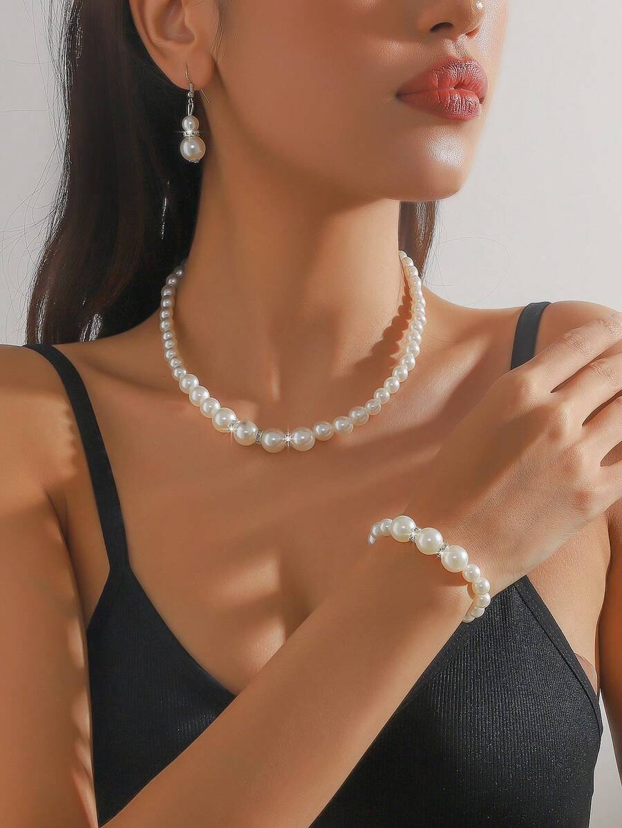 3入組新娘毛衣項鏈和項鍊套裝，鑲嵌著鑽石和人造珍珠，適用於婚禮派對 - 白色 - 查看 1
